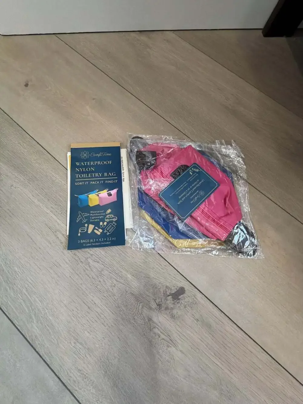 ComfiTime Waterproof Nylon Toiletry‎ Bag Set - 3 Pieces Blue Pink Yellow